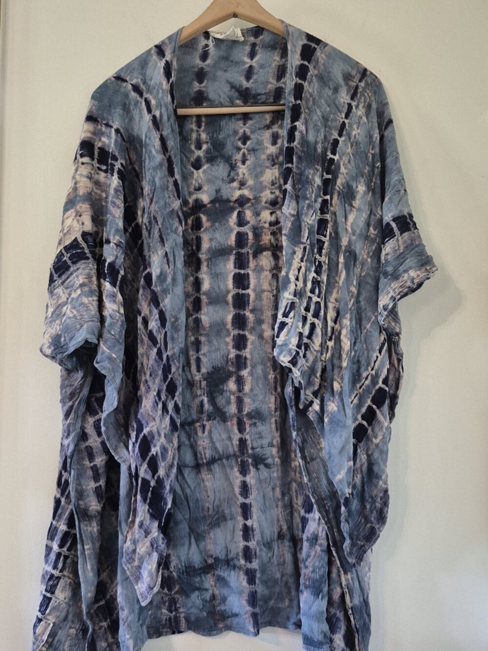 Women's Blue Tie-Dye Open Front Kimono Cardigan Lightweight Boho Duster Festival